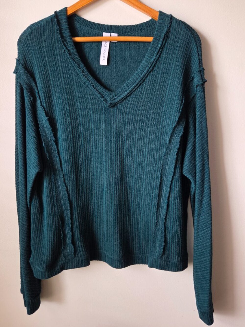 EUC GRACE + KARMA TEAL GREEN V NECK RIBBED SWEATER TOP SIZE SMALL